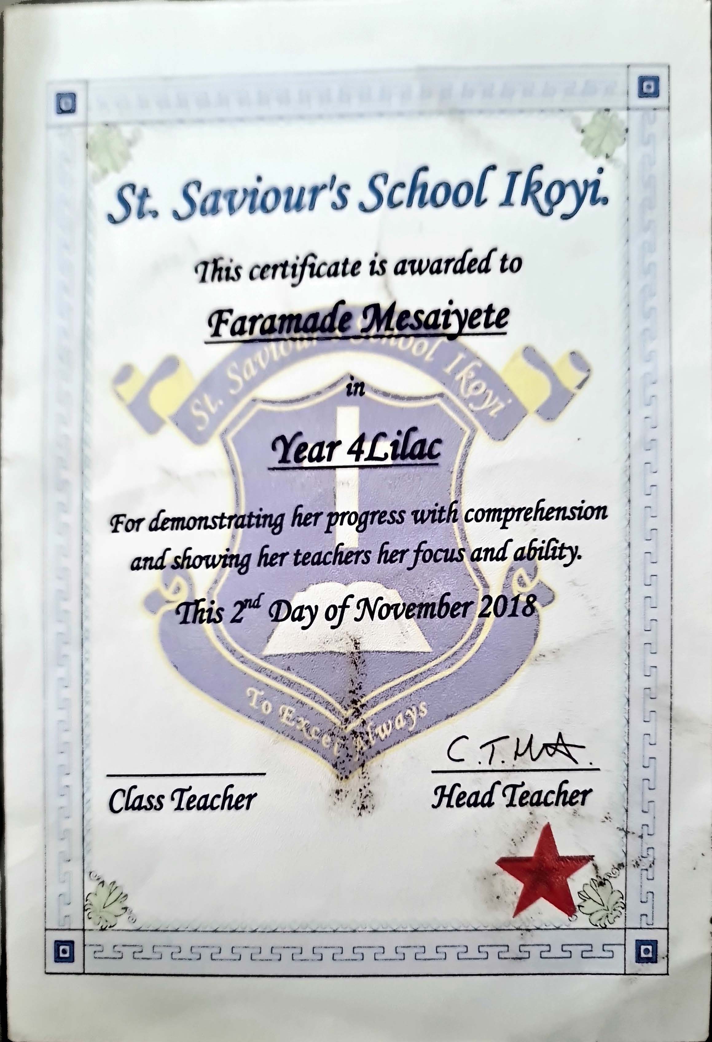 St Saviour’s School Ikoyi Certificates